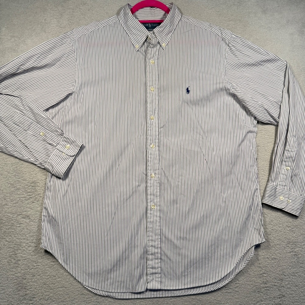 Polo Ralph Lauren Button Down 17 34/35 White Navy Purple Stripe Classic Shirt